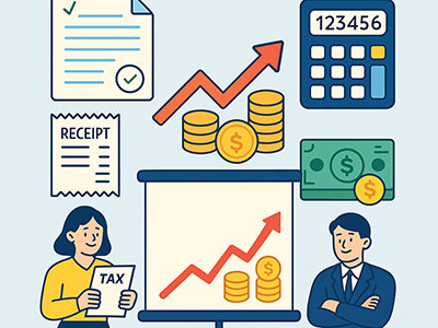 세금 관련 영수증, 상승하는 그래프, 계산기, 지폐, 동전 아이콘이 포함된 자산 및 세금 신고 시각 자료. 전문가들이 서류와 프레젠테이션 자료를 확인 중임