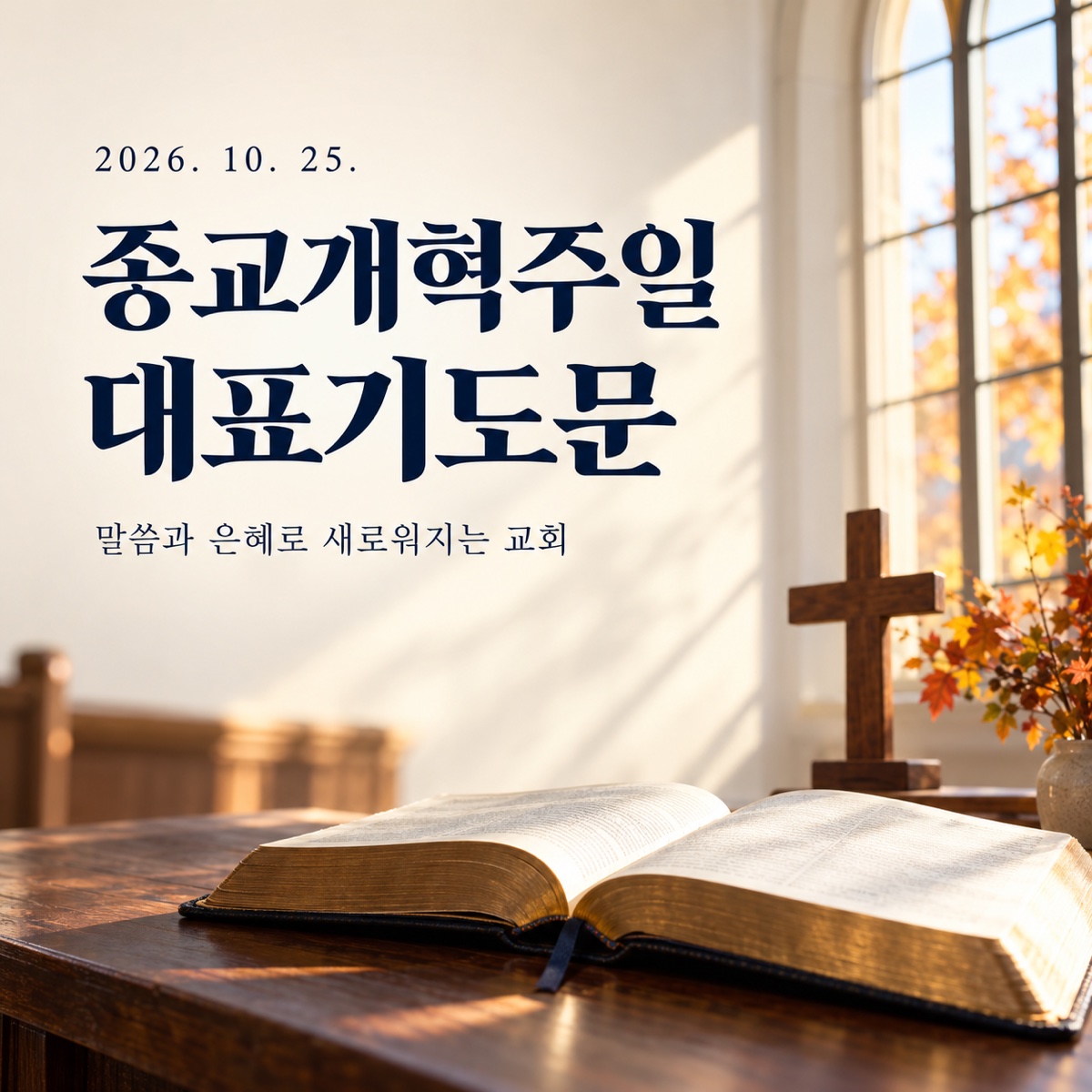 종교개혁주일 대표기도문 제목과 열린 성경, 나무 십자가