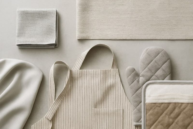 주방 카운터 위에 놓인 행주, 테이블보, 앞치마, 오븐 장갑 등 다양한 주방 원단 제품