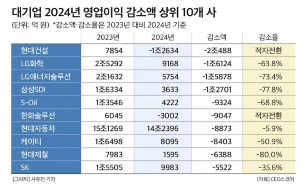 대기업 2024년 영업이익 감소액 상위 10개 사