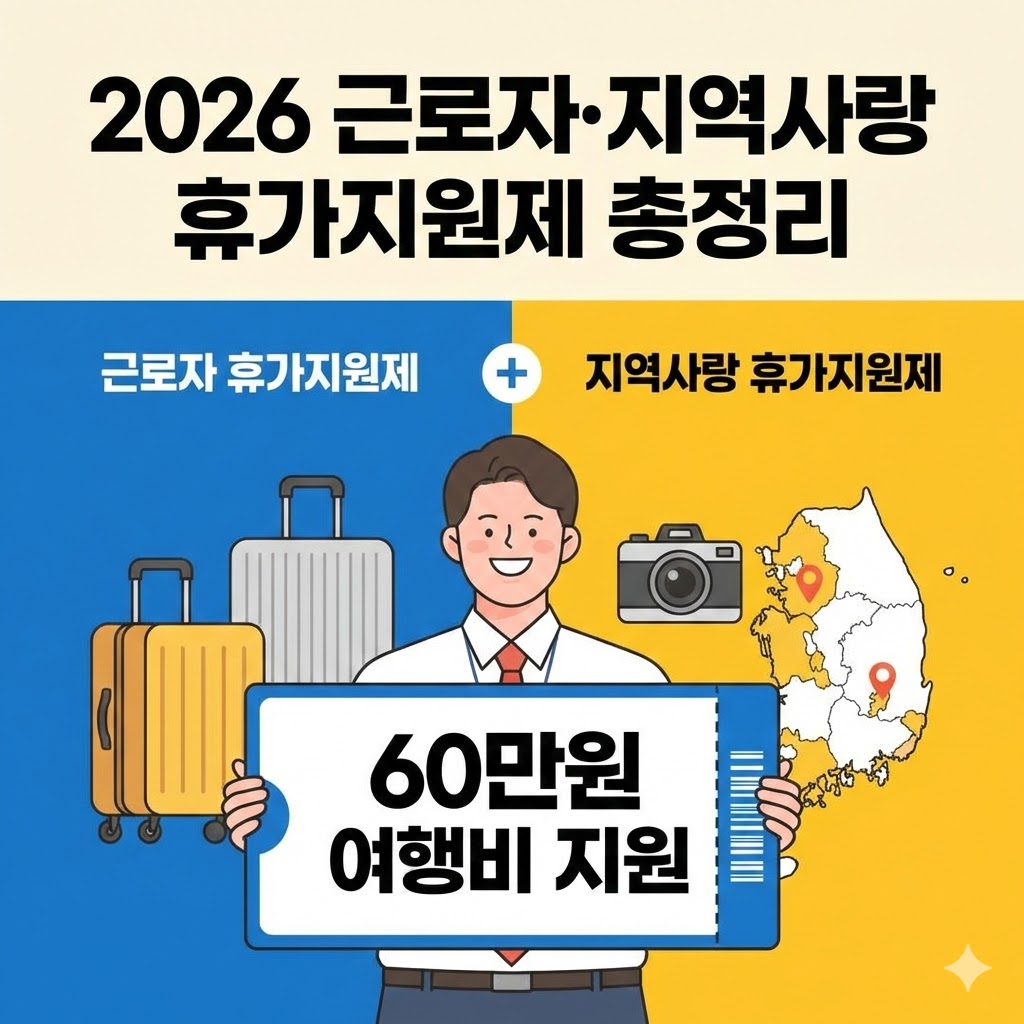 2026년 근로자 휴가지원제와 신규 도입된 지역사랑 휴가지원제 비교 및 신청 가이드 이미지. 정부 지원금 최대 60만 원 혜택 요약