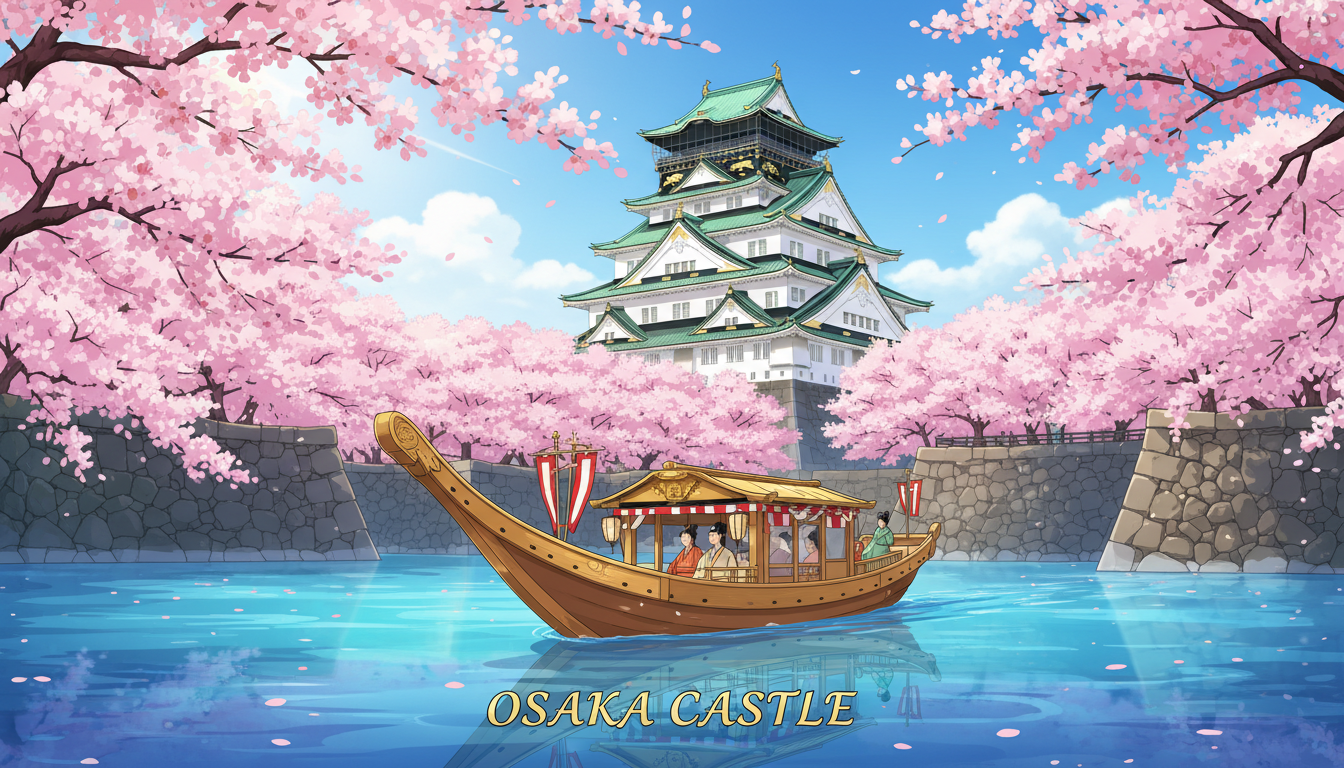 봄날 벚꽃이 만개한 오사카성 해자를 유유히 떠다니는 황금빛 고자부네 놀잇배