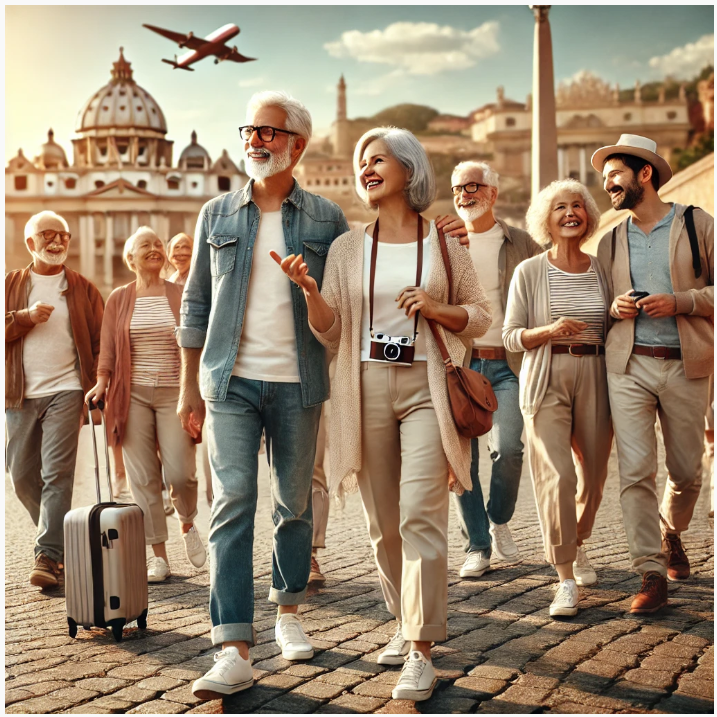 패키지 여행을 즐기고 있는 은퇴한 여러 쌍의 부부