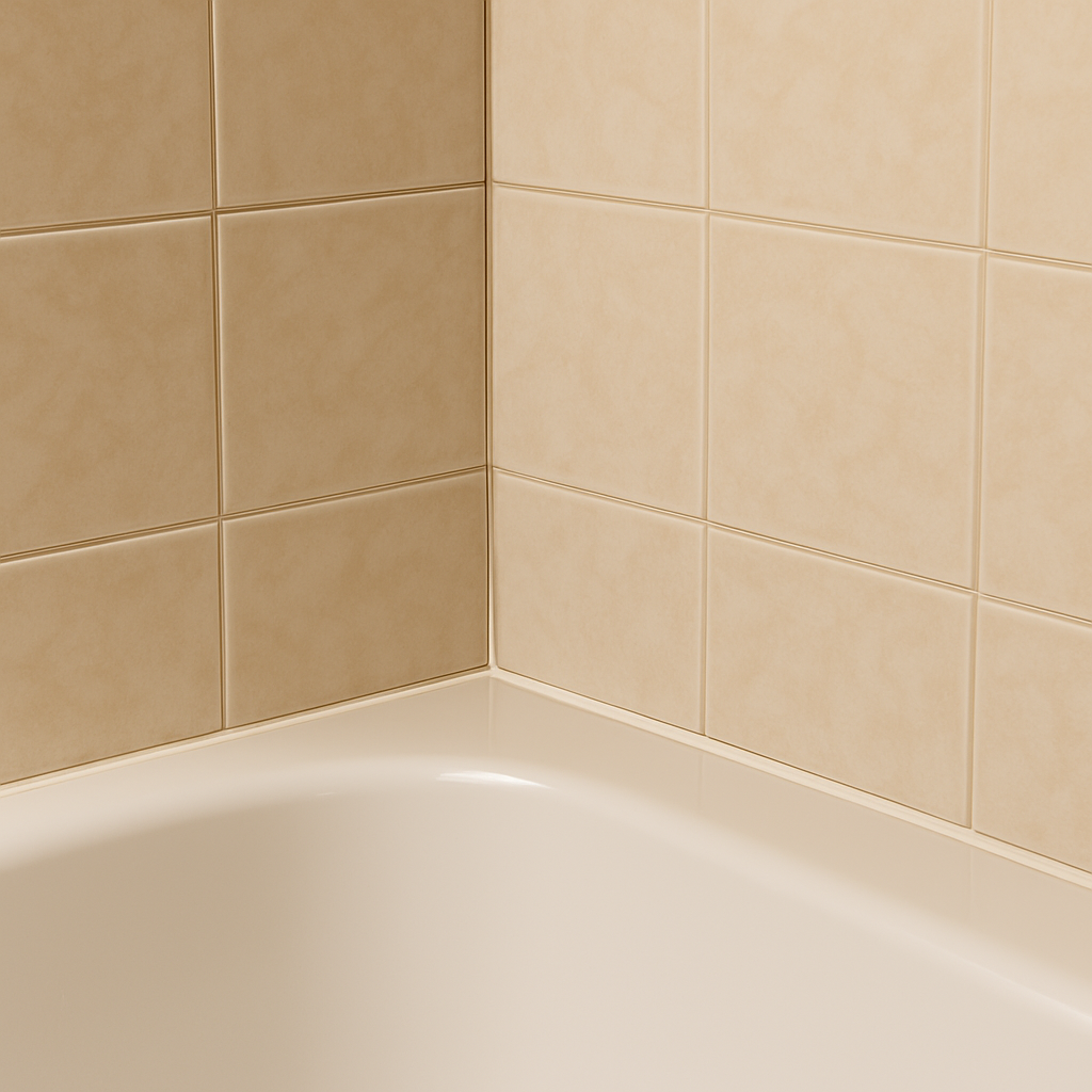 곰팡이 제거 후의 욕실 모서리. 하얗고 청결한 타일과 실리콘 줄눈이 정리된 모습