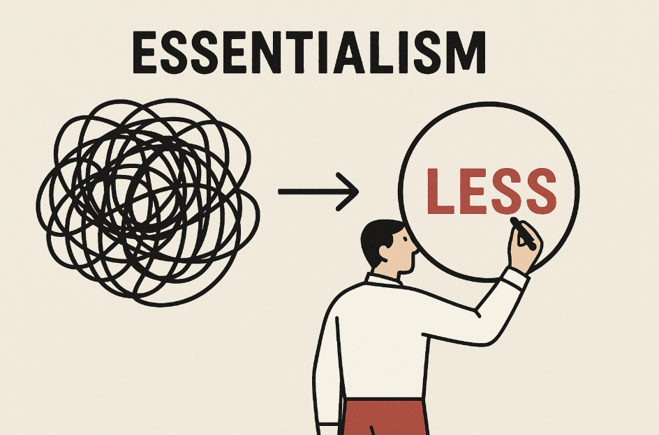 &quot;복잡한 혼란스러운 선에서 'LESS'라는 단어로 단순하게 정리하는 사람을 보여주는 에센셜리즘 개념 삽화&quot;