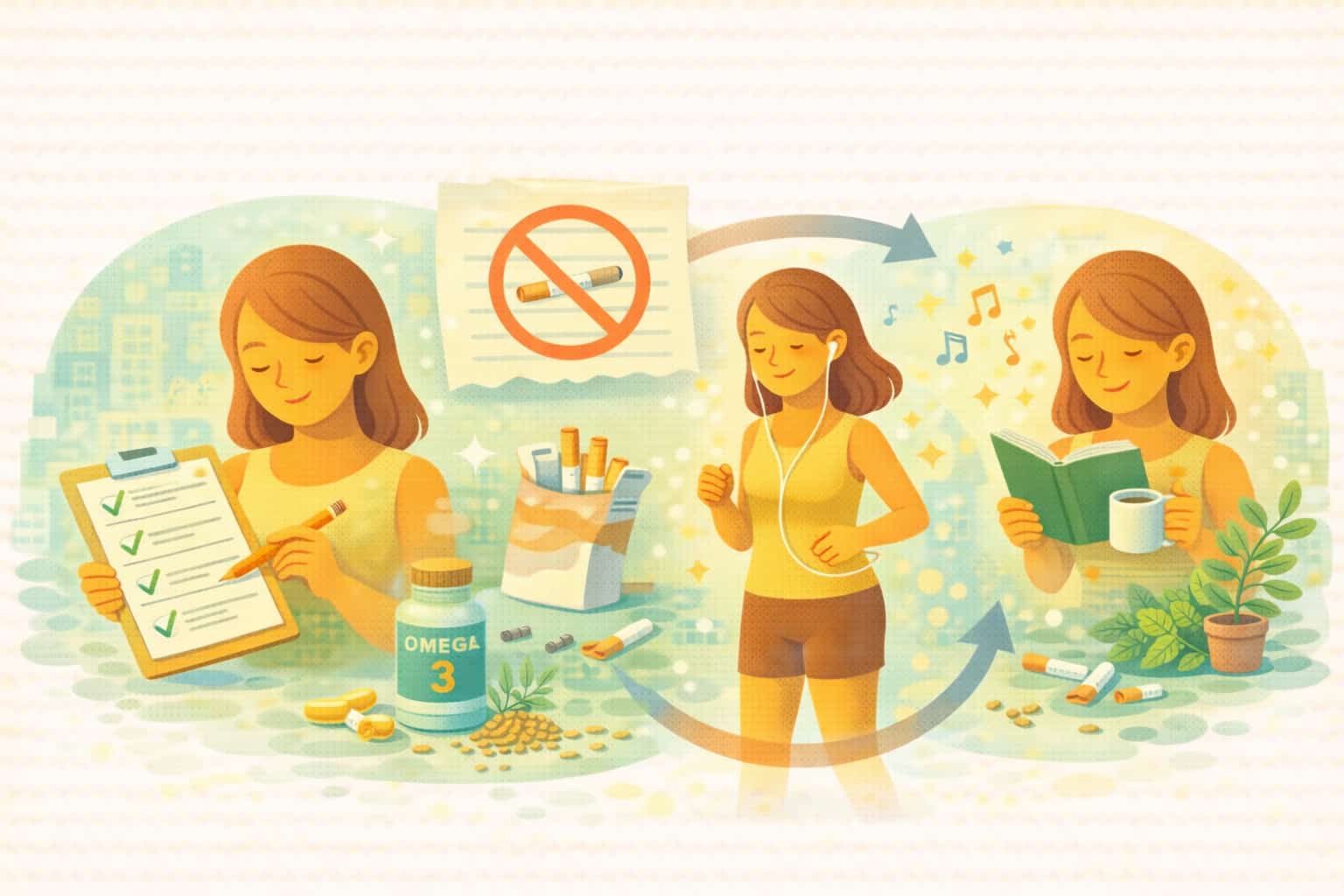 금연 계획을 세우고 대체 활동으로 실천하며 담배를 끊는 여성을 표현한 건강 일러스트