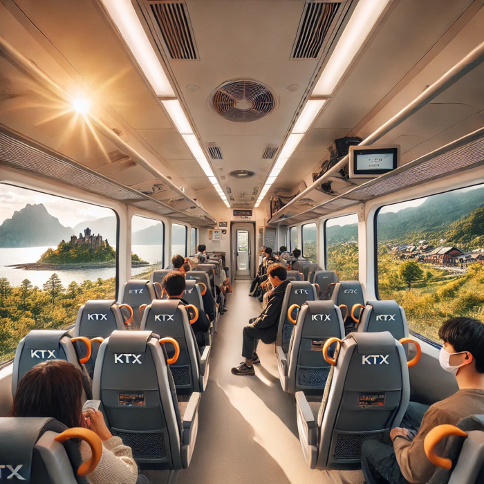 KTX 열차 내부에서 승객들이 창밖 풍경을 감상하는 모습