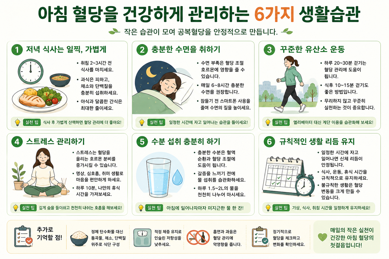 식사·수면·운동 등 생활습관을 정리한 이미지로 수치 목표는 개인별 확인 필요