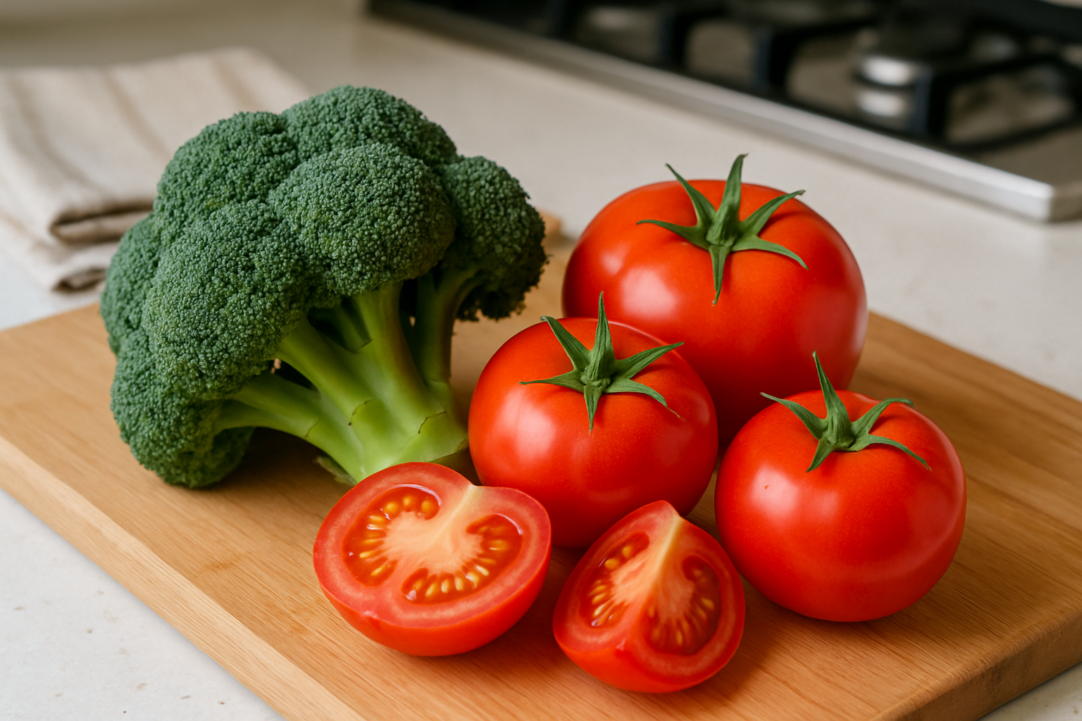 밝은 주방에서 신선한 토마토와 브로콜리가 놓인 모습