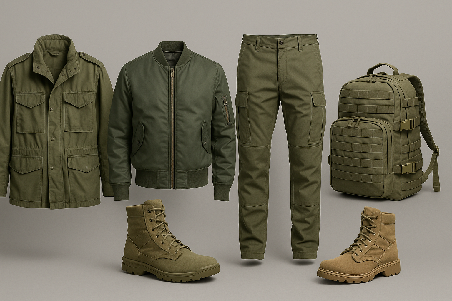 카키 야상, 보머 자켓, 카고 팬츠, 전술 가방, 두 종류의 부츠가 정면으로 나열된 장면, 소재와 형태 차이가 드러남