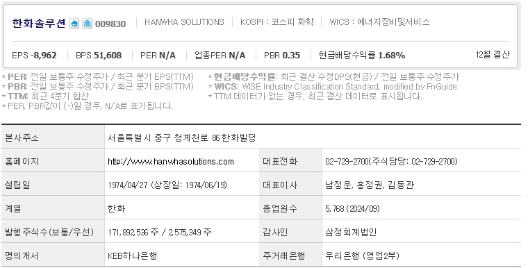 한화솔루션 주가 기업개요 (0116)