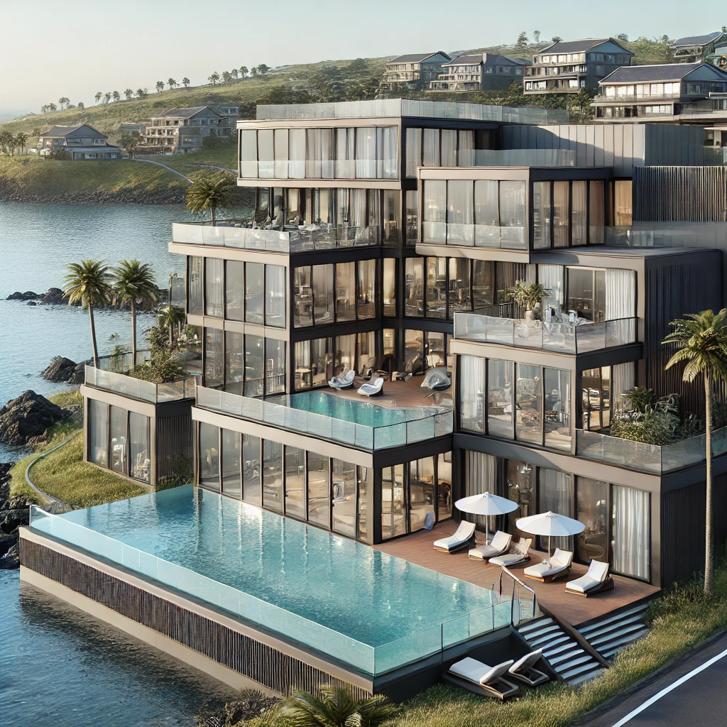 넓은 창문과 현대적인 건축 디자인을 자랑하는 제주도 펜션.