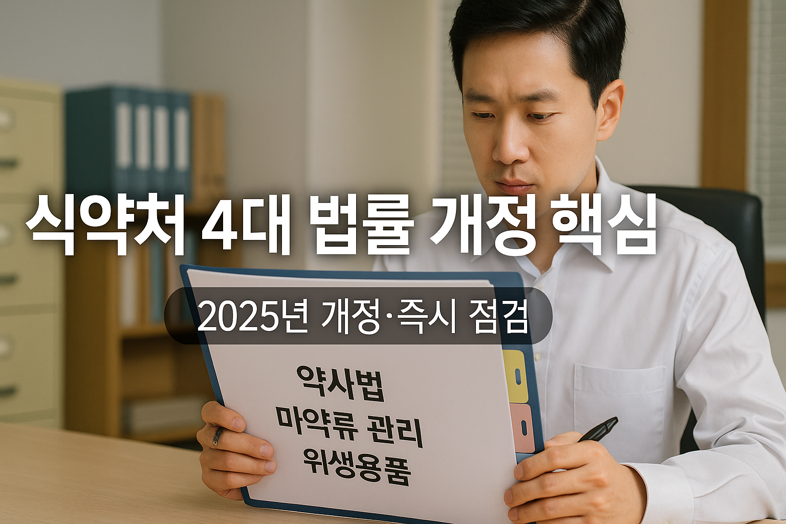 현대 사무실에서 한국인 전문가가 약사법·마약류 관리법·위생용품 관리법·식품의약품분야 시험검사법 개정 문서를 검토하며 국가필수의약품 안정공급, 폐업 마약류 잔량 보고 의무, 위생용품 수입검사 자동화, 시험검사기관 책임자 교육 대응 체크리스트를 정리하는 장면.