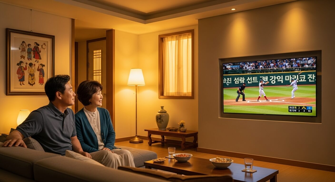 거실에서 쿠팡플레이 스포츠패스를 통해 야구 경기를 함께 시청하는 중년 부부