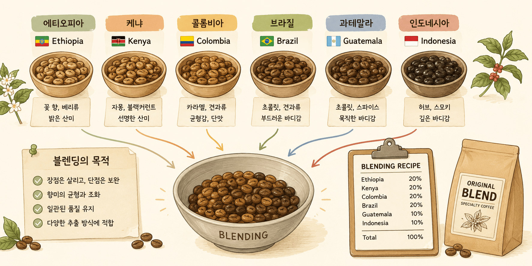 에디오피아, 케냐, 콜롬비아, 브라질 등 다양한 산지의 커피 원두를 블렌딩하는 과정을 보여주는 일러스트