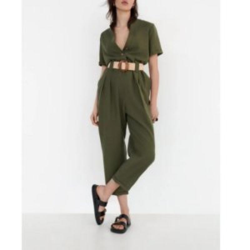 ZARA 여성 카키 점프수트 브이넥 슬리밍벨트 점프슈트