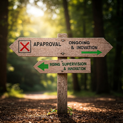 갈림길 표지판 이미지. 한쪽 길은 '사전 승인(Prior Approval)'이라 적혀 있고 X 표시, 다른 쪽 길은 '지속적 감독 & 혁신(Ongoing Supervision & Innovation)'이라 적혀 있고 화살표 표시. 연준의 감독 방식 변화를 상징적으로 보여준다