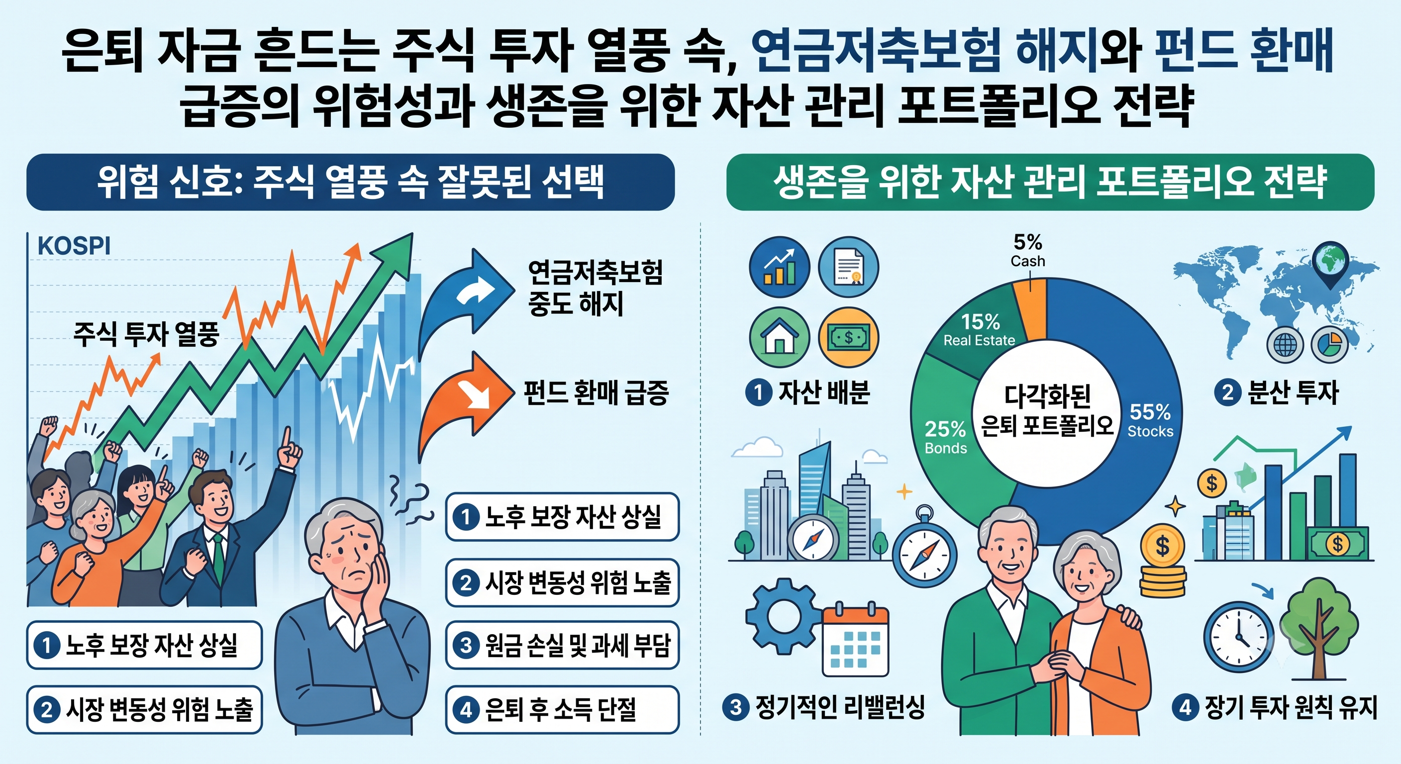 은퇴 자금 흔드는 주식 투자 열풍 속 연금저축보험 해지와 펀드 환매 급증의 위험성과 생존을 위한 자산 관리 포트폴리오 전략