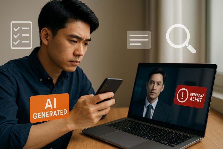 AI 생성 경고와 딥페이크 알림을 확인하며 검증하는 장면