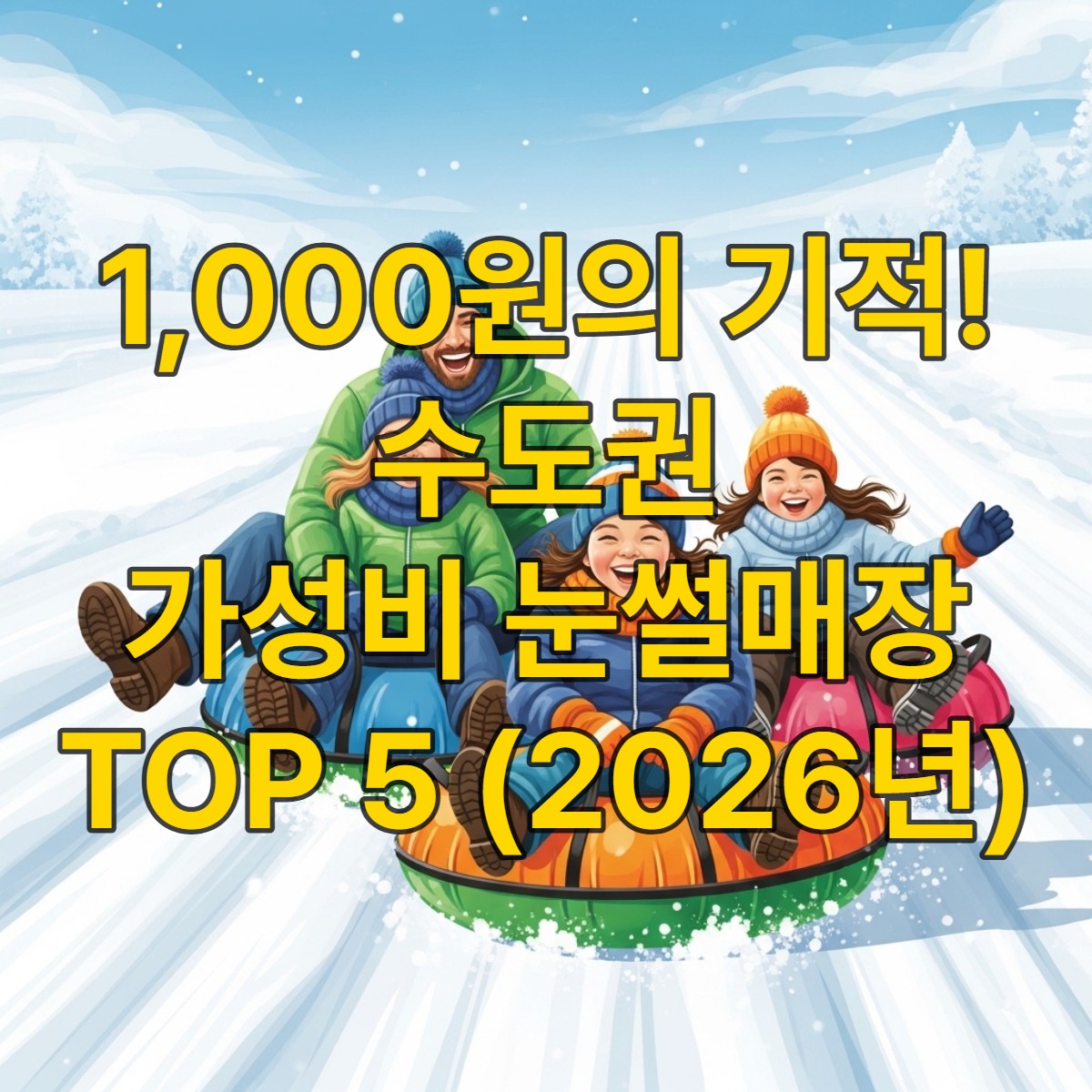 활기찬 겨울날, 온 가족이 함께 튜브 썰매를 타며 눈 덮인 언덕을 신나게 내려오는 모습.