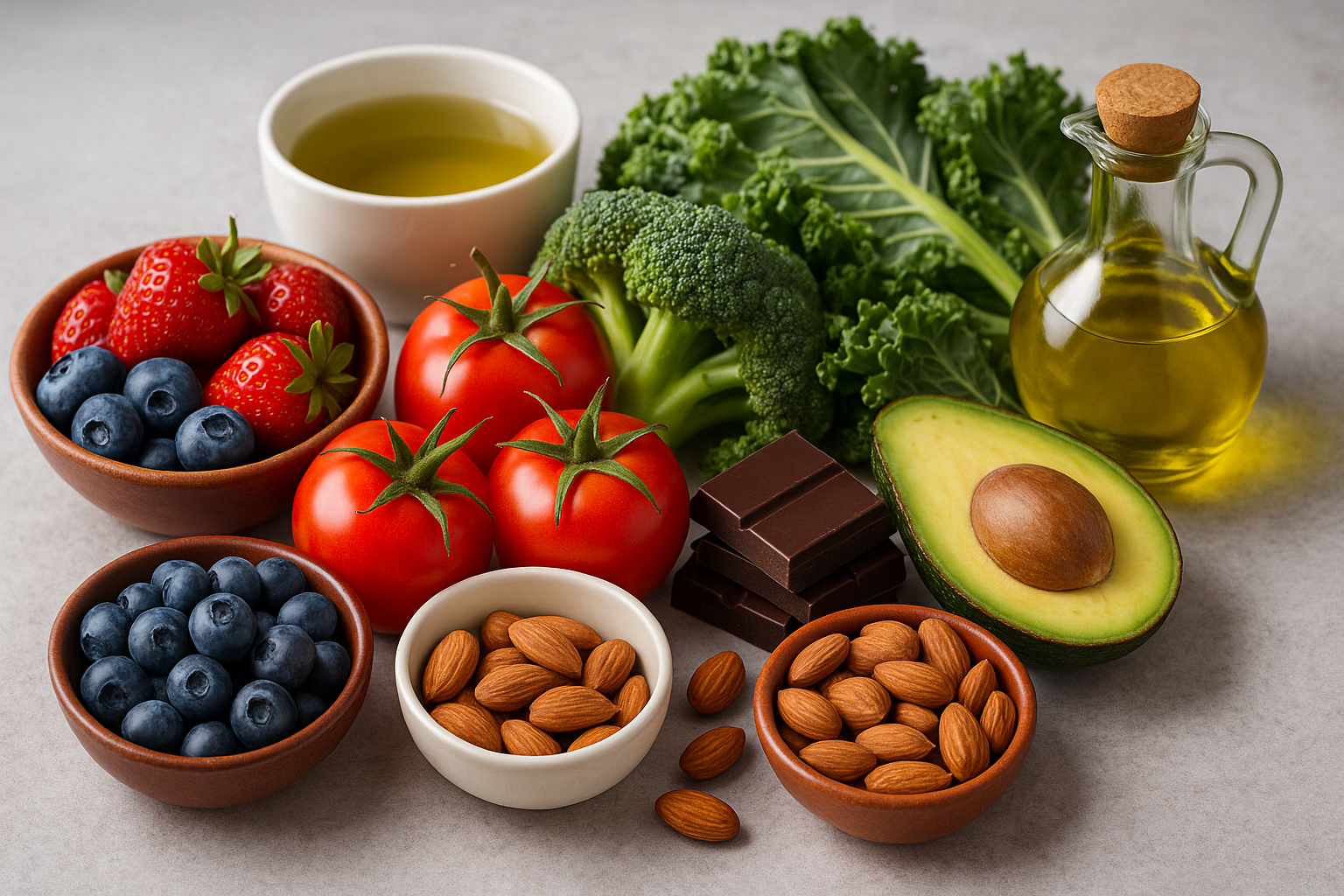 항산화식품 블루베리·딸기·토마토·브로콜리·케일·다크초콜릿·아몬드·아보카도·올리브오일·녹차 컵.