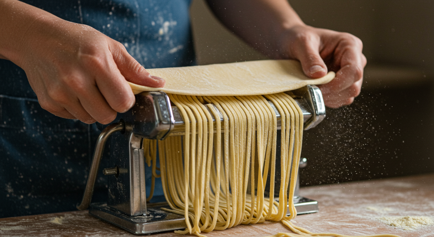 제면기로 직접 라멘 면을 뽑는 모습