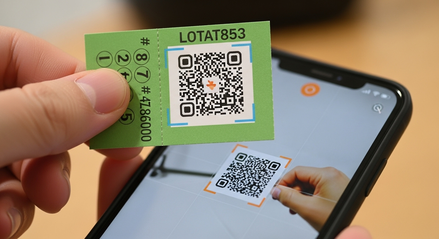 스마트폰 카메라로 로또 용지의 QR코드를 스캔하는 모습.