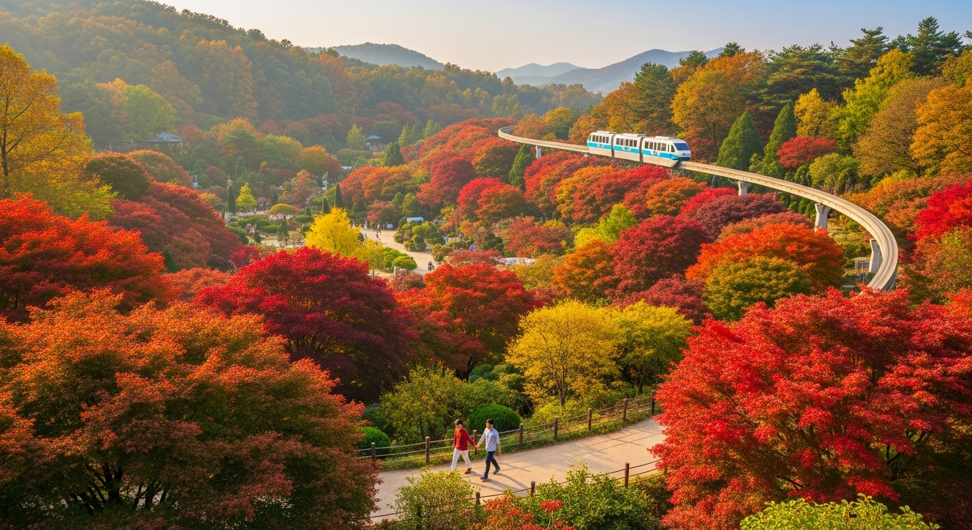 2025년 가을, 화담숲의 울긋불긋한 단풍이 절정을 이룬 풍경. 모노레일이 지나가는 숲길을 따라 한 연인이 손을 잡고 걷고 있으며, 로맨틱하고 평화로운 가을 데이트 분위기를 보여줍니다.