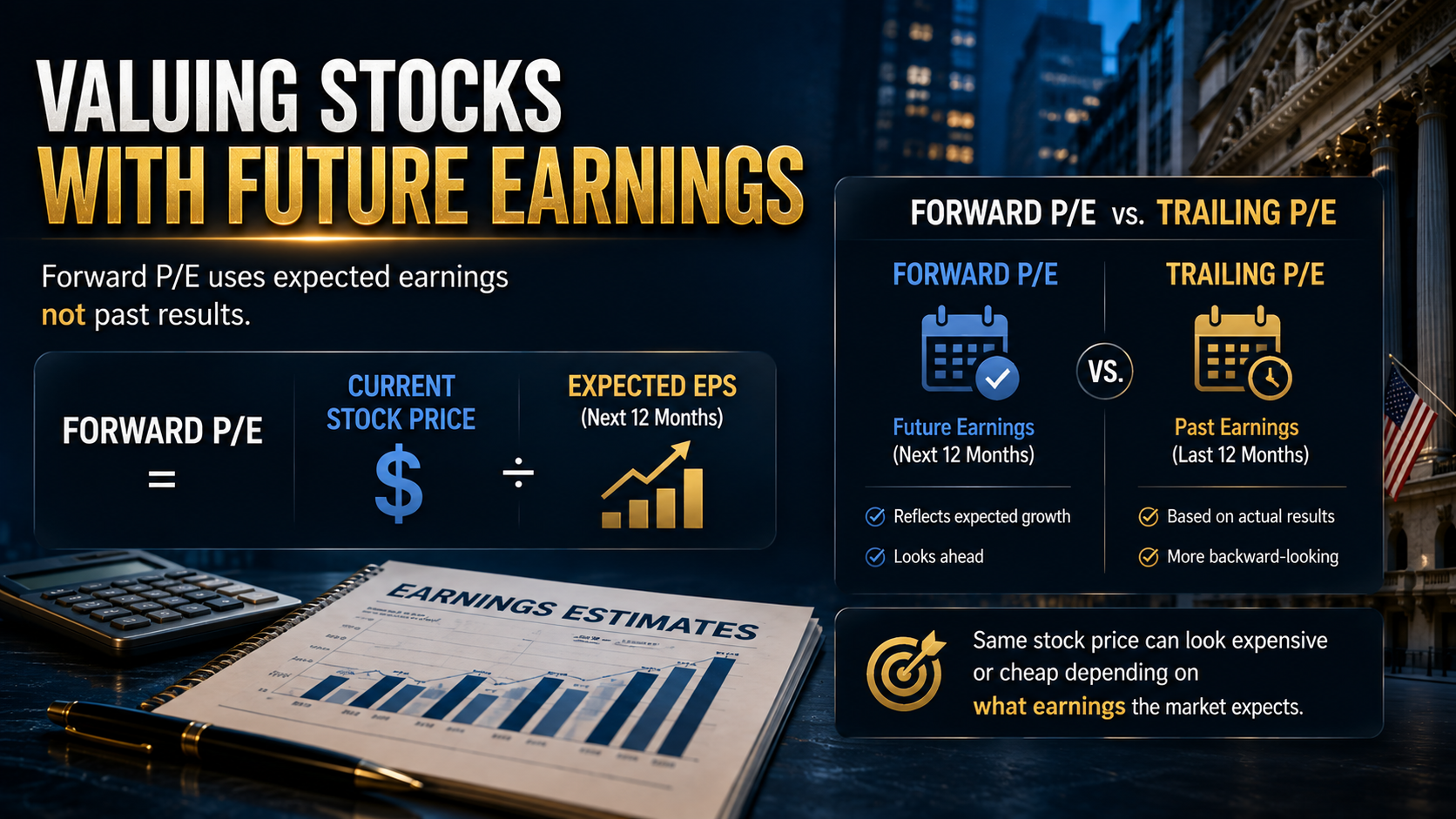 Forward P/E calculation using current stock price and expected EPS compared with trailing P/E
