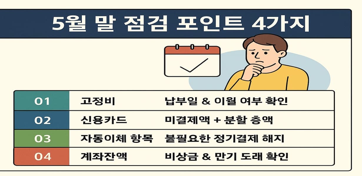 5월 말 점검해야 할 4가지 항목(고정비, 신용카드, 자동이체, 계좌잔액)을 정리한 인포그래픽 이미지