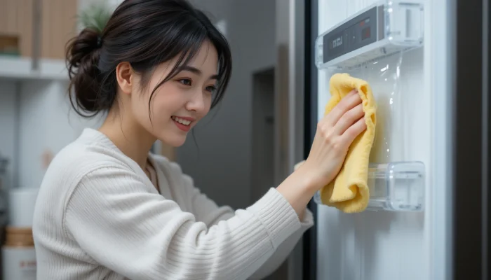 냉장고 내부를 부드러운 천으로 청소하는 여성