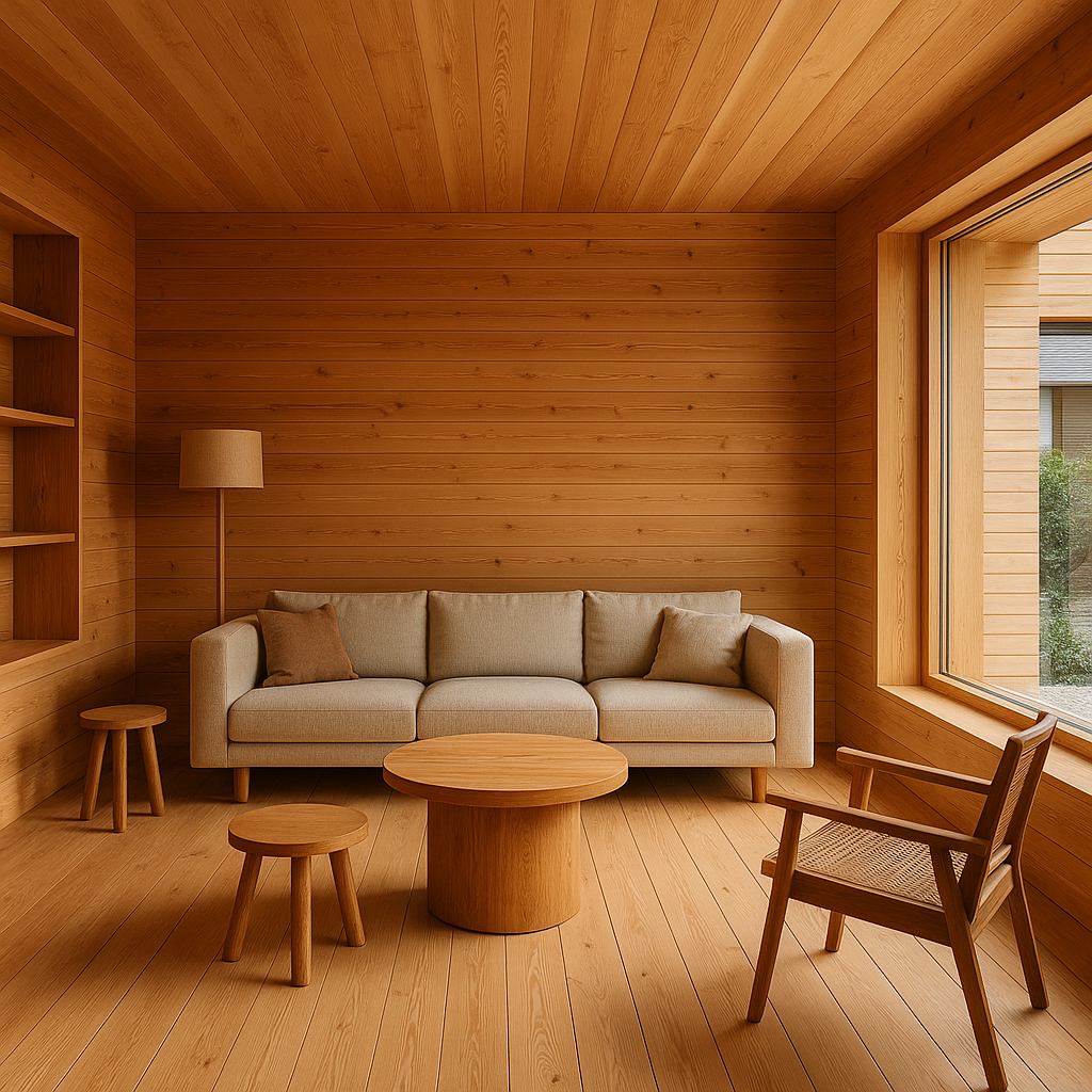 목재 드렌칭 인테리어 거실, 천장과 벽이 모두 원목 패널로 마감된 공간, 베이지 소파와 원목 테이블이 배치된 따뜻하고 세련된 분위기의 현대적 거실