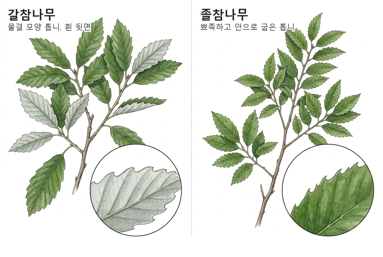 갈참나무와 졸참나무 잎과 톱니 비교