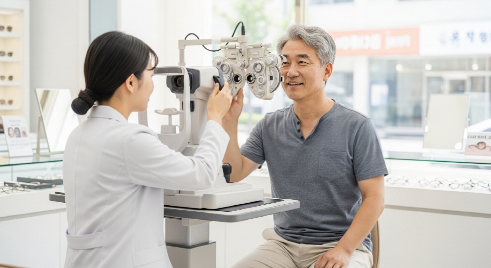 안경점에서 시력 검사 중인 중년