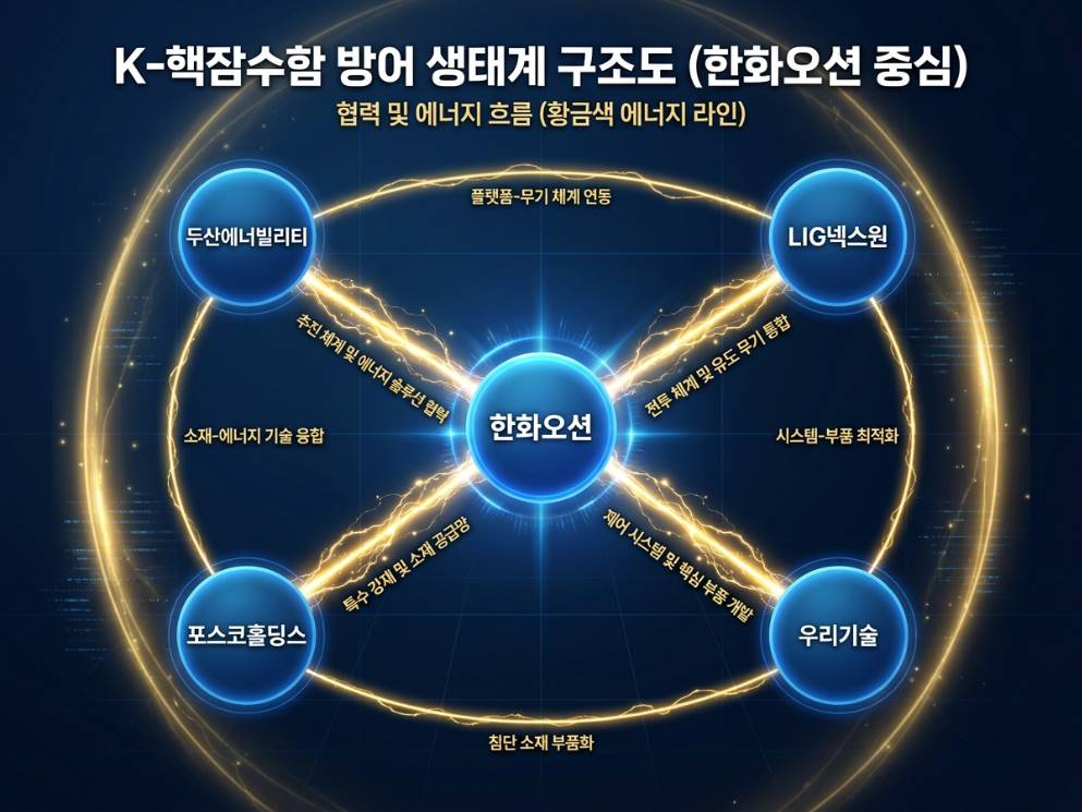 한화오션을 중심으로 두산에너빌리티, LIG넥스원, POSCO홀딩스, 우리기술이 연결된 K-핵잠 방산 생태계 구조도, 각 노드를 파란 원으로 표현하고 연결선이 황금빛 에너지 라인으로 표현된 네트워크 다이어그램,