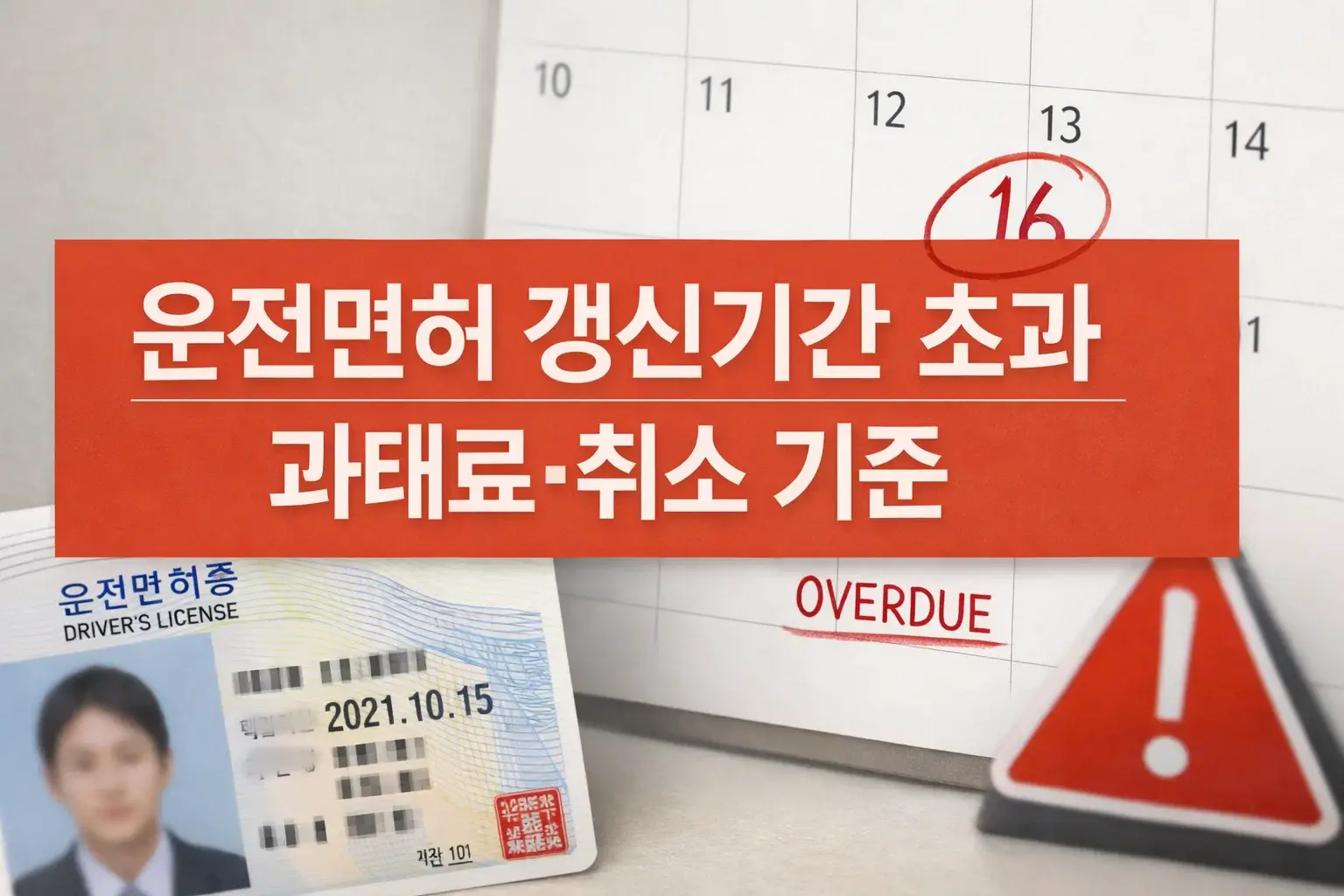 운전면허 갱신기간 초과 상황에서 과태료와 취소 기준이 어떻게 달라지는지 전체 주제를 한눈에 이해하도록 보여주는 썸네일 이미지