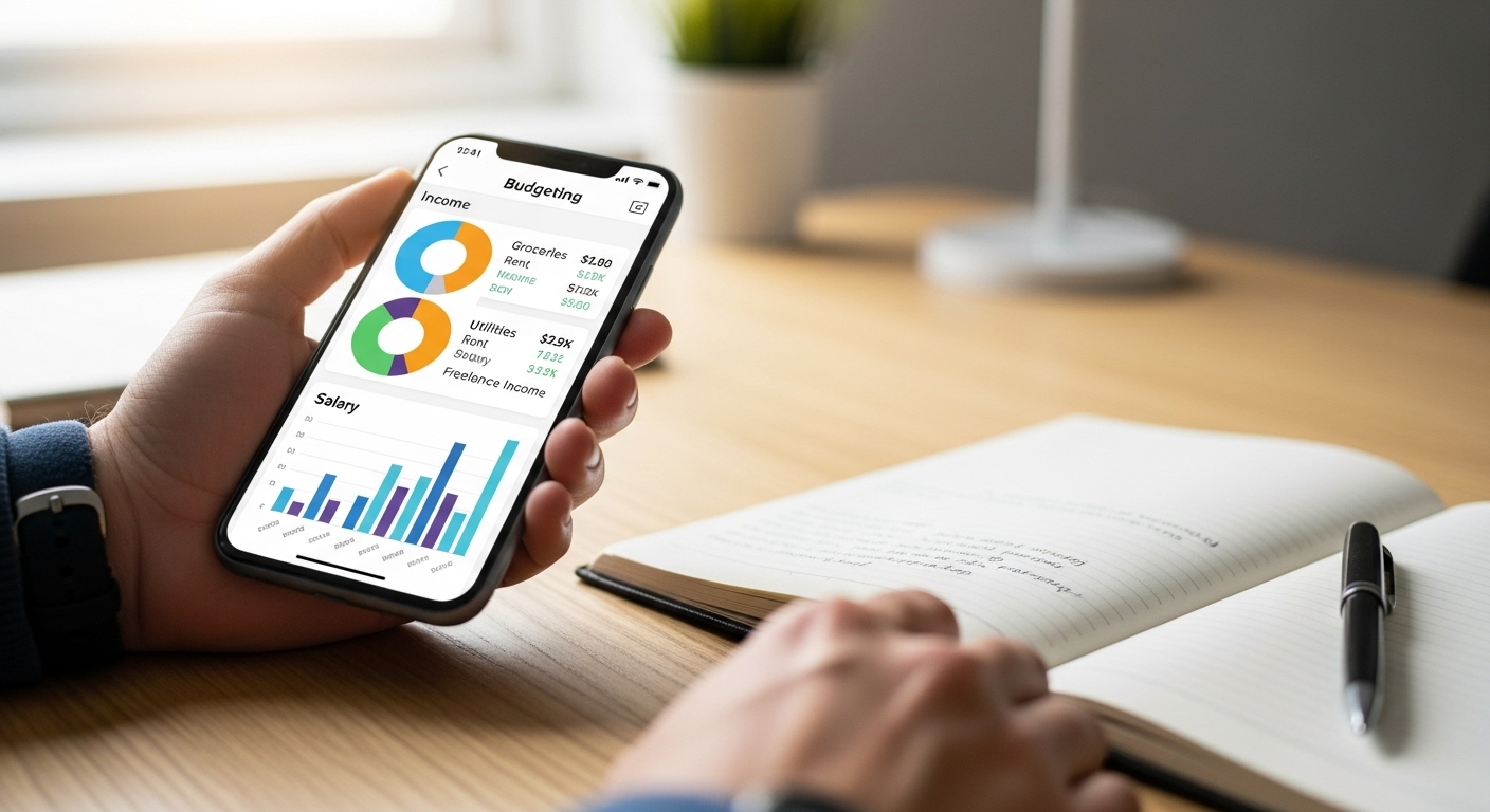 스마트폰 예산 관리 앱을 활용해 지출을 기록하는 모습.
