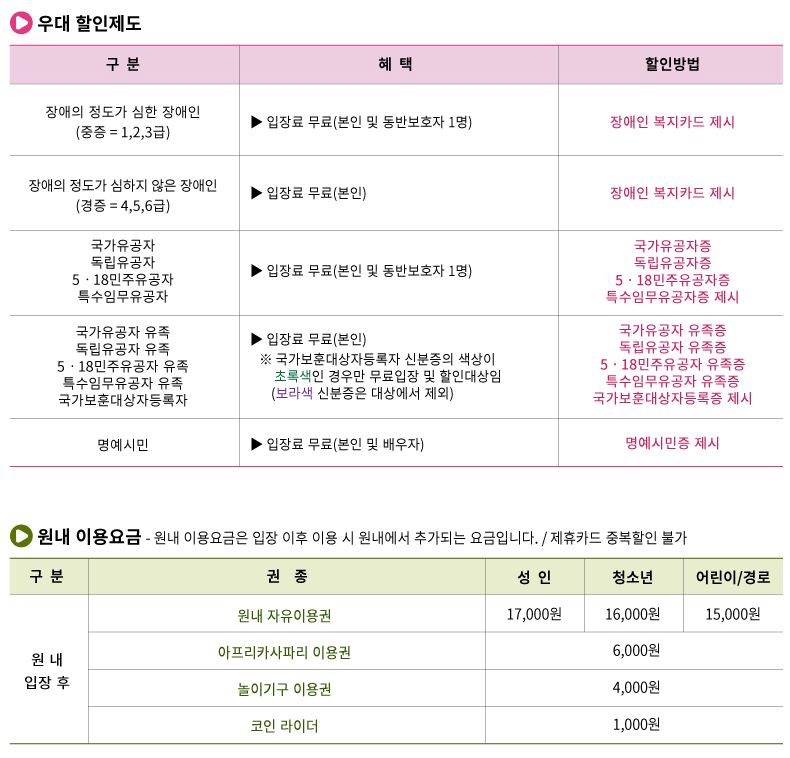 대전 오월드 우대권 및 원내 이용요금