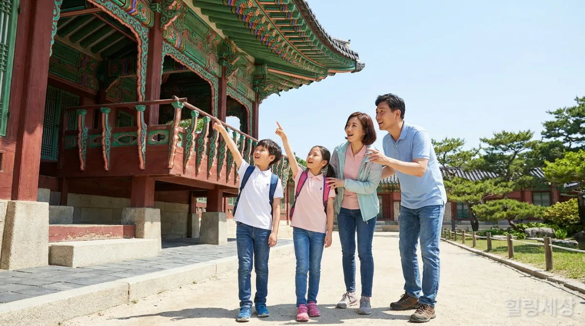 경복궁과 같은 역사적인 궁궐을 탐험하며 배우는 한국인 가족