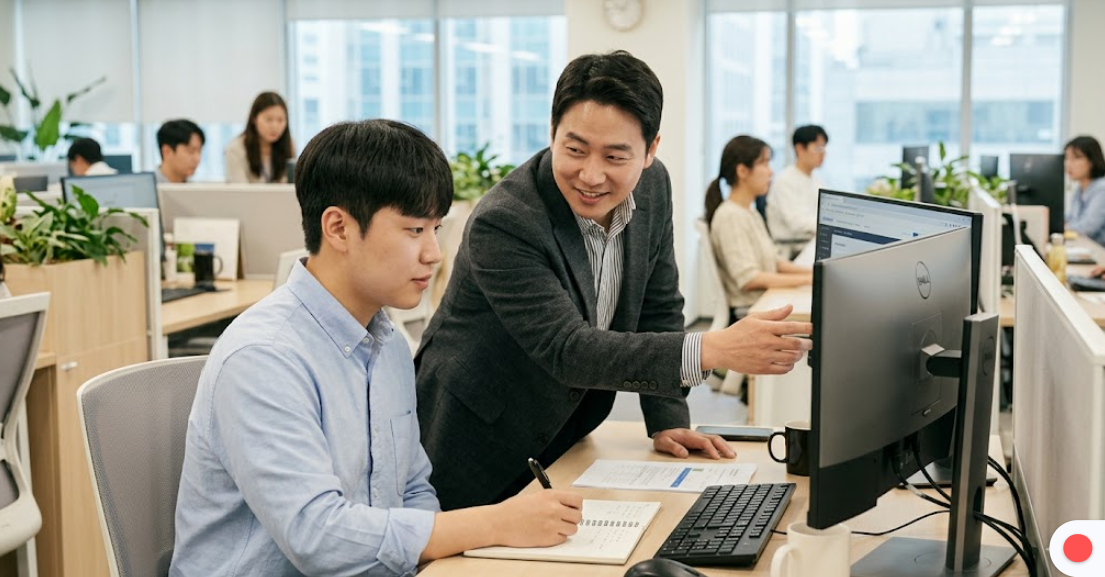 대학생이 사수(멘토) 옆에서 메모하며 집중해서 설명을 듣는 모습