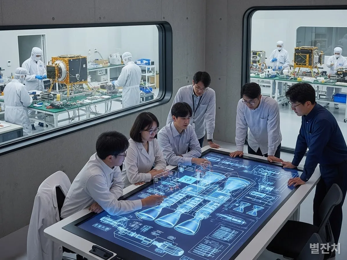 한국의 항공우주 연구실에서 로켓 엔진 설계도를 분석하며 토론하는 연구원들의 모습