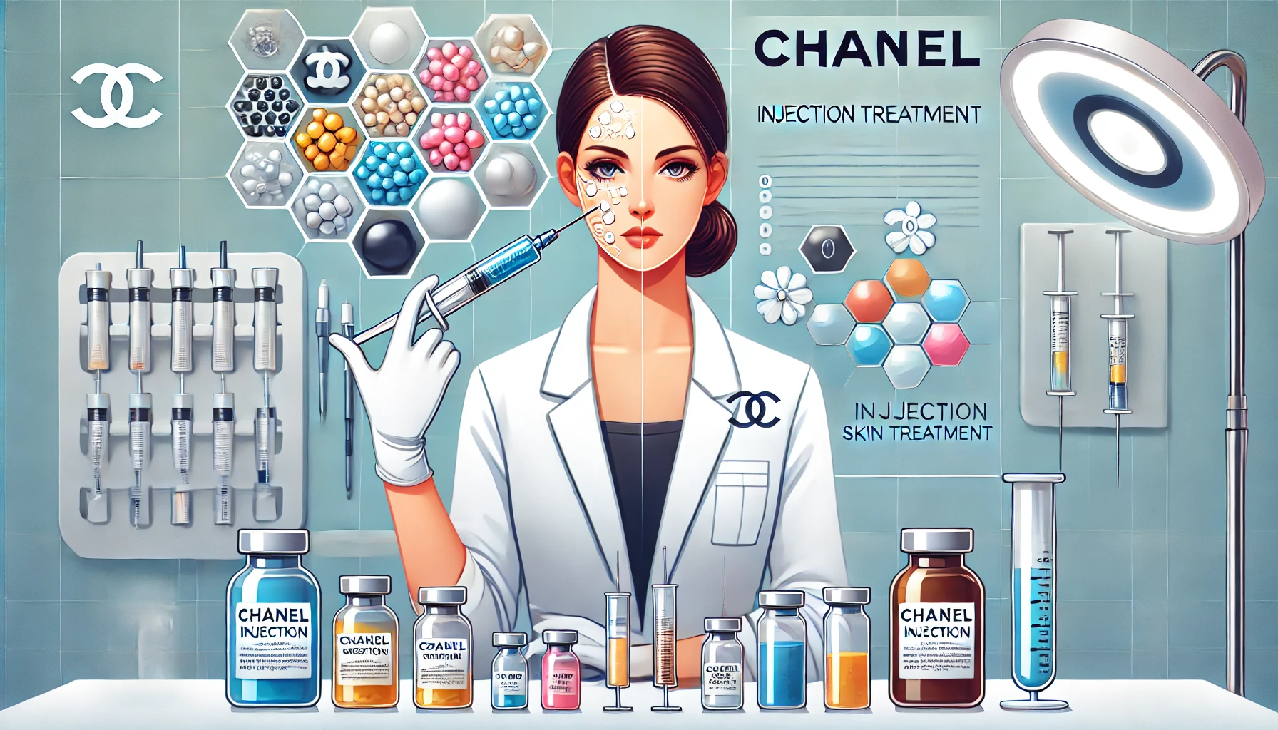 DALL·E 2024-09-13 19.17.17 - An illustration of Chanel injection skin treatment, showing a professional cosmetologist in a medical setting preparing a syringe filled with various .webp