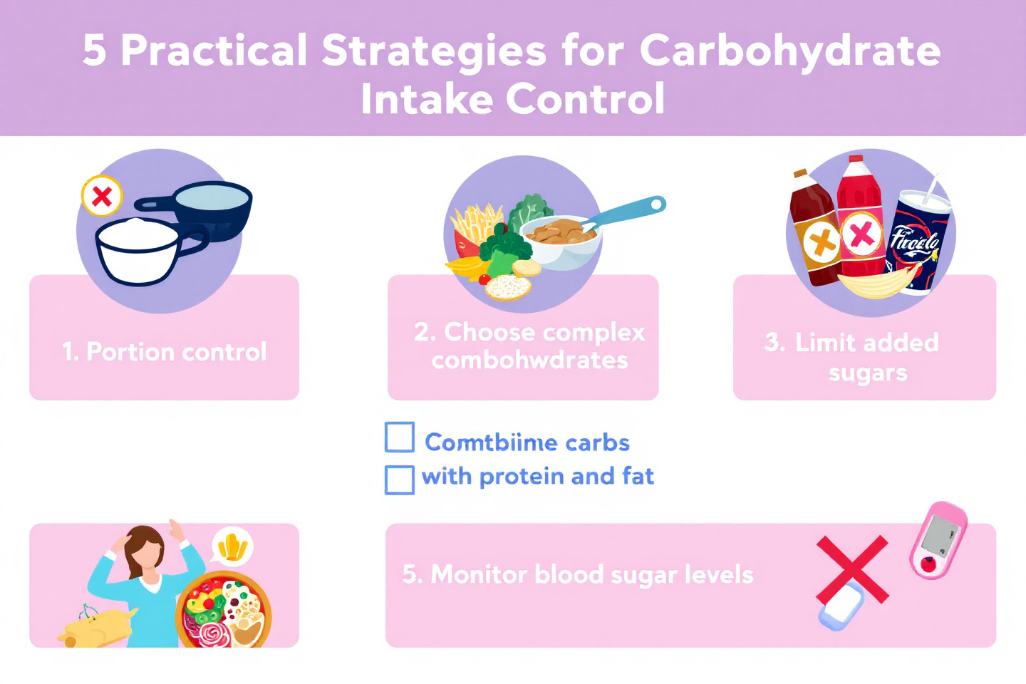 "탄수화물 섭취 조절을 위한 5가지 실전 전략을 요약한 체크리스트 스타일 이미지"