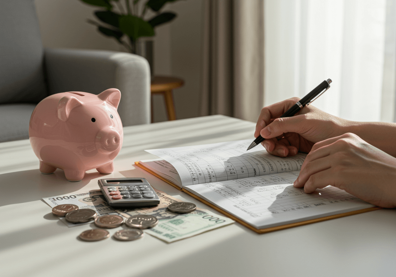 밝은 거실 테이블 위에서 돼지 저금통과 계산기, 지폐와 동전을 두고 가계부를 작성하는 모습. 재정 정리와 가계 회복을 상징하는 장면.