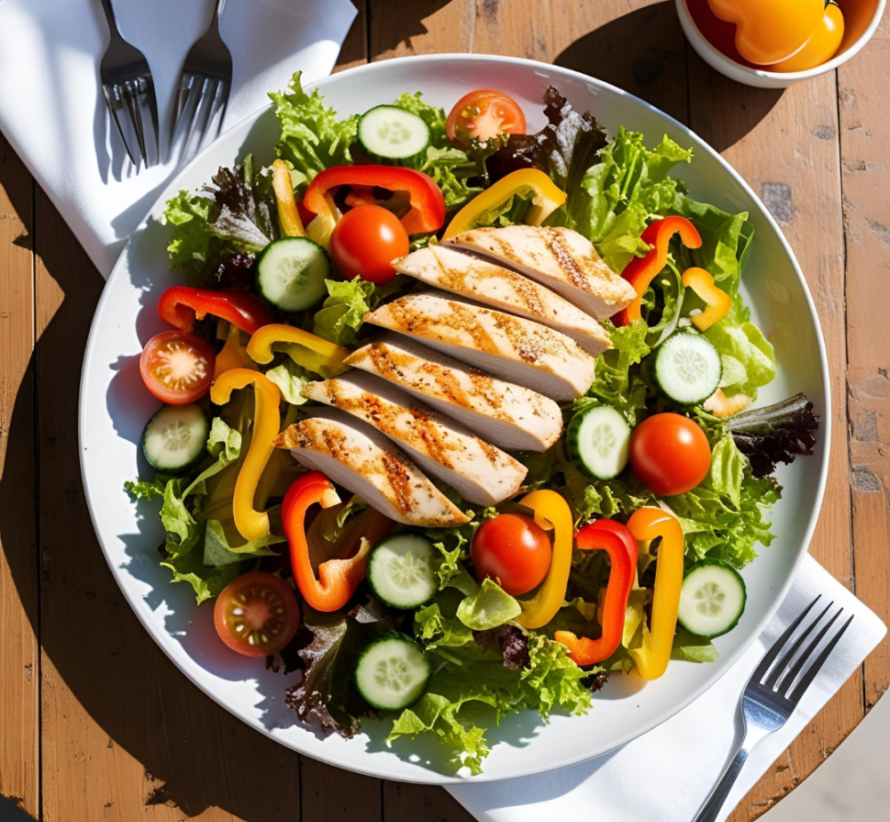 구운 닭가슴살과 함께 다양한 채소를 곁들인 샐러드 이미지