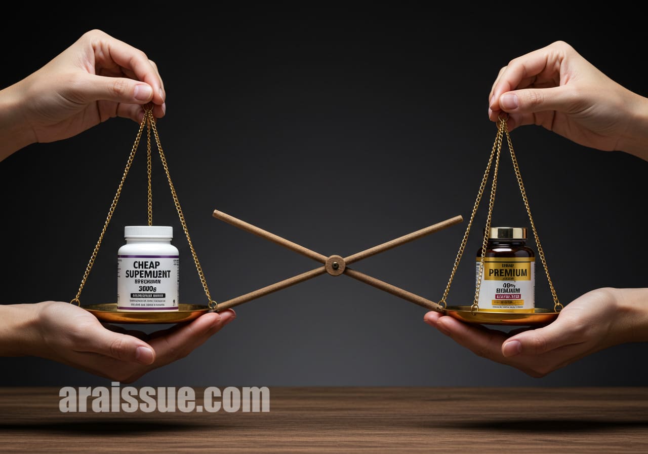 한국인의 손이 저울을 들고 있고, 한쪽에는 저렴한 영양제가, 다른 한쪽에는 고급 포장의 영양제가 올려져 있다. 균형은 약간 저가 제품 쪽으로 기울어져 있다.