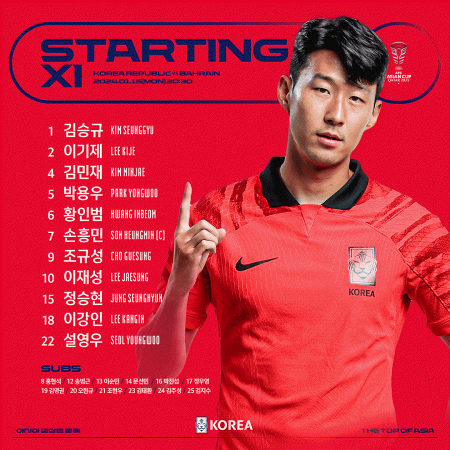 한국 바레인 축구경기 한국팀 선발 선수 명단