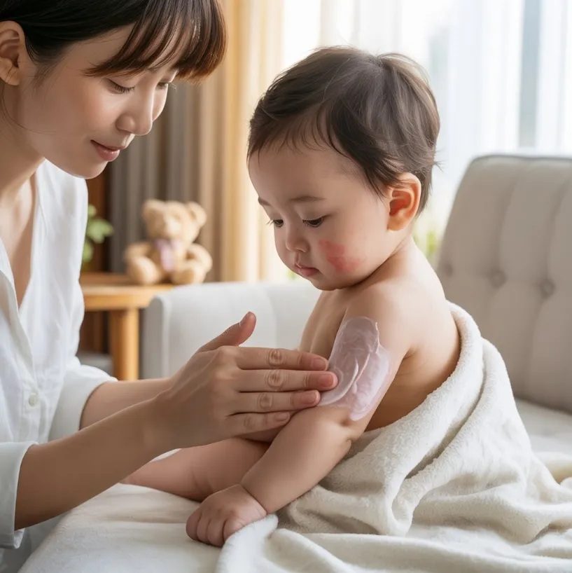 아기에서 목욕 후 로션을 바르고 있는 이미지