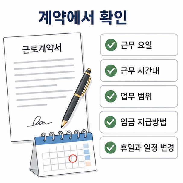 가사근로계약에서 근무 요일과 시간대, 업무 범위, 임금 지급방법, 휴일 조건을 서면으로 확인하는 모습을 표현한 이미지