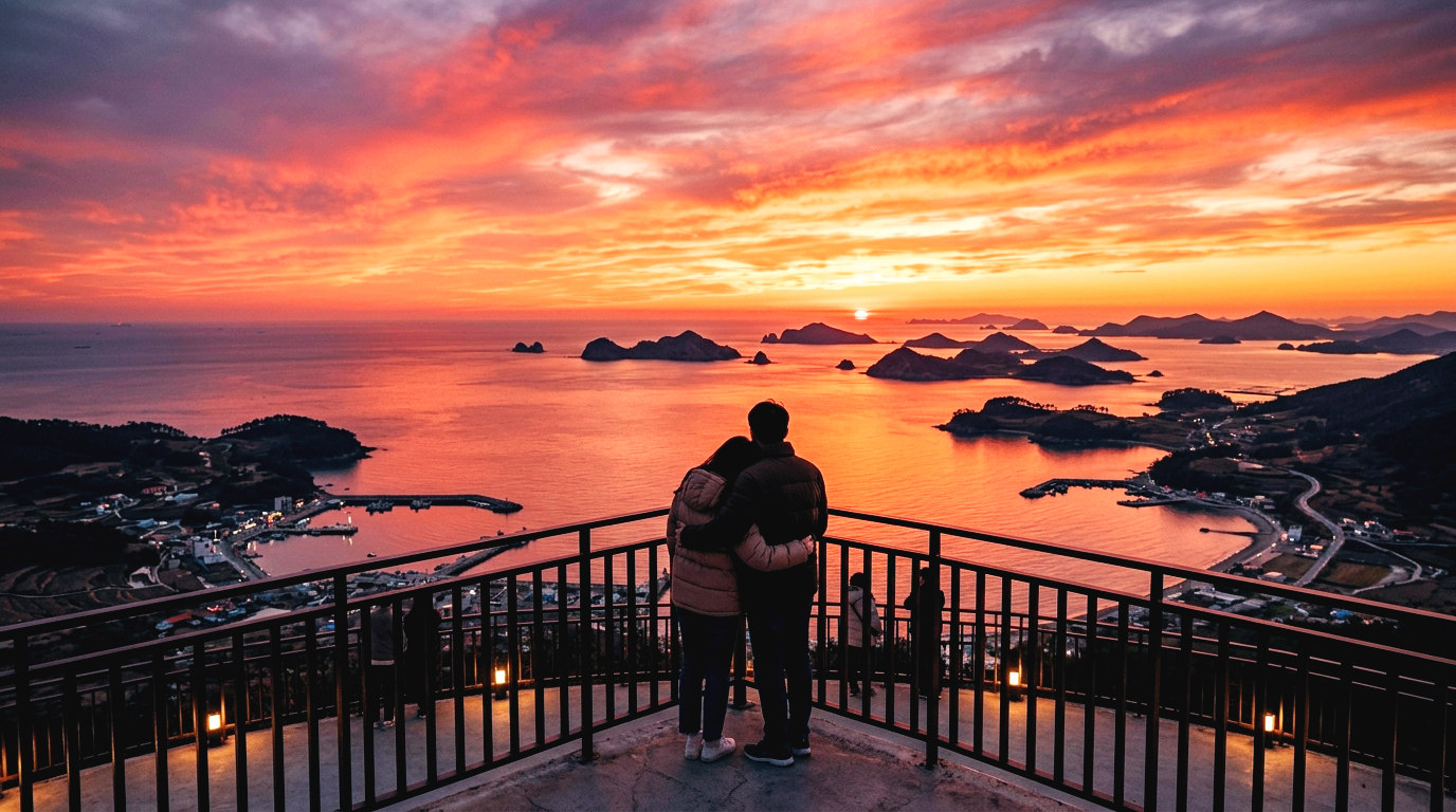 영광 칠산타워전망대에서 내려다본 황홀하게 붉은 조명으로 물든 서해 칠산바다의 아름다운 저녁 일몰 야경